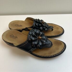 Clarks Bendables Black Floral Leather Slide Sandals Flip Flop Size 8